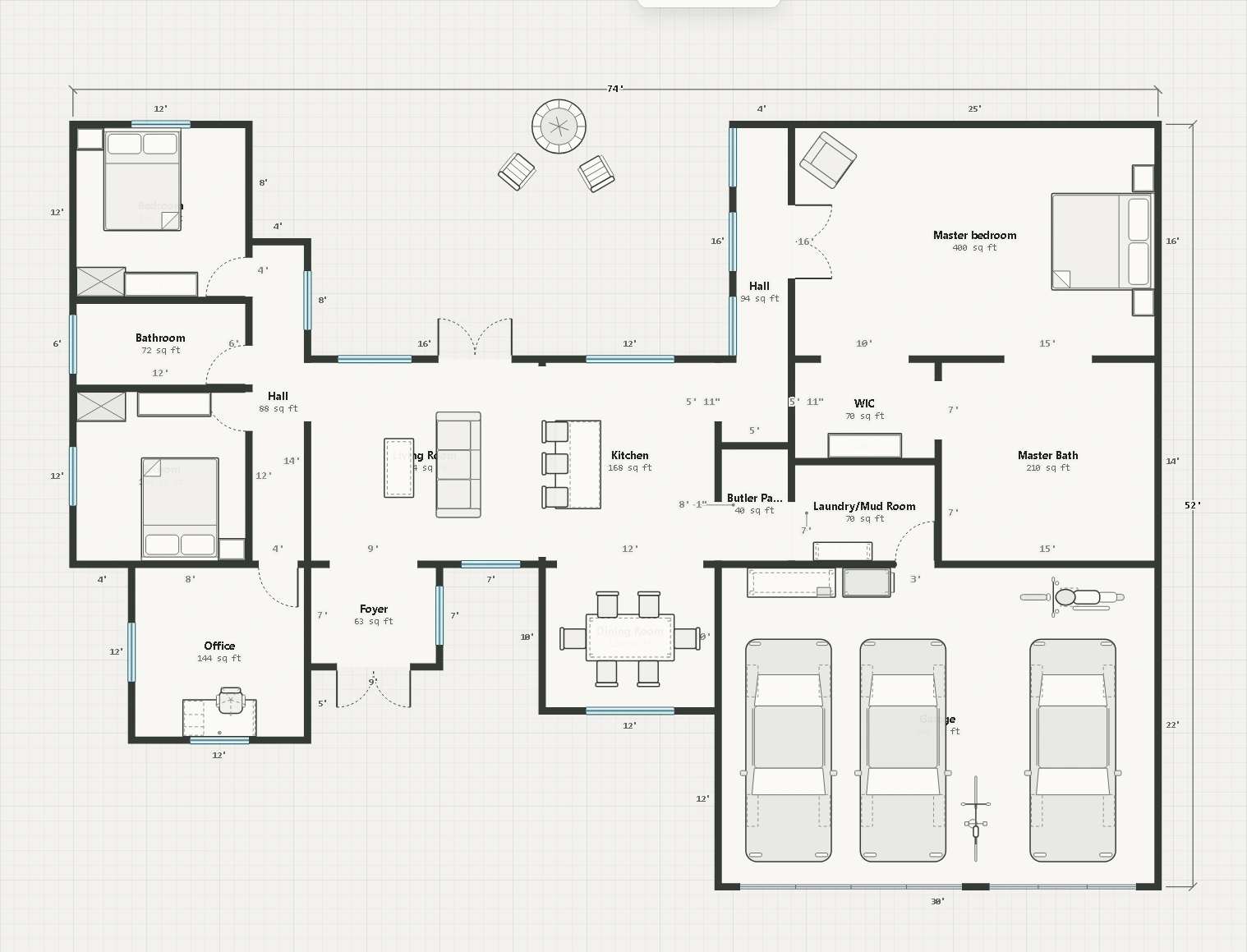 Detailed floor plan with labeled rooms and dimensions