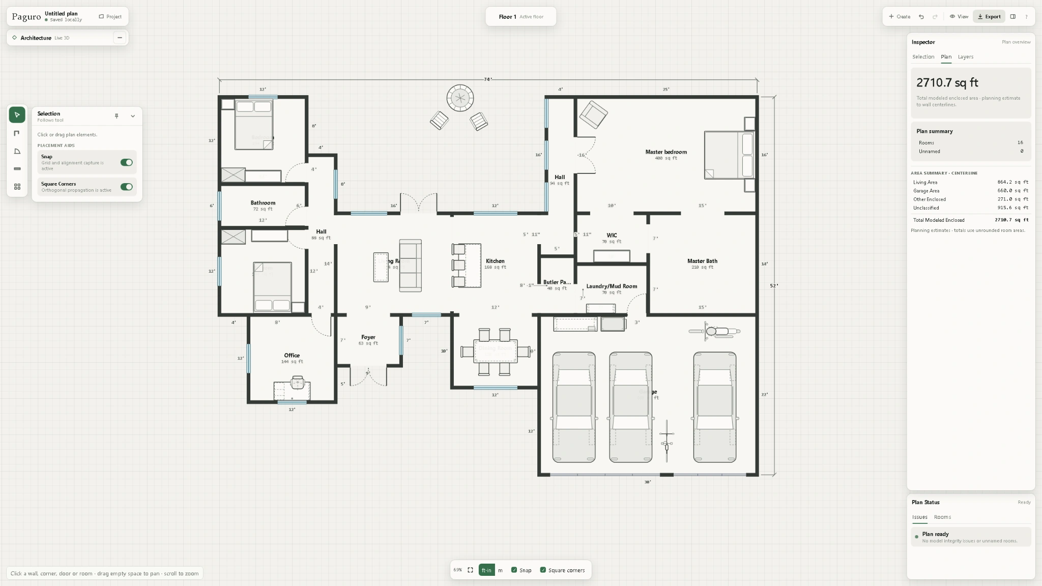 Paguro working floor-planning editor, showing floating tool controls and floor plan